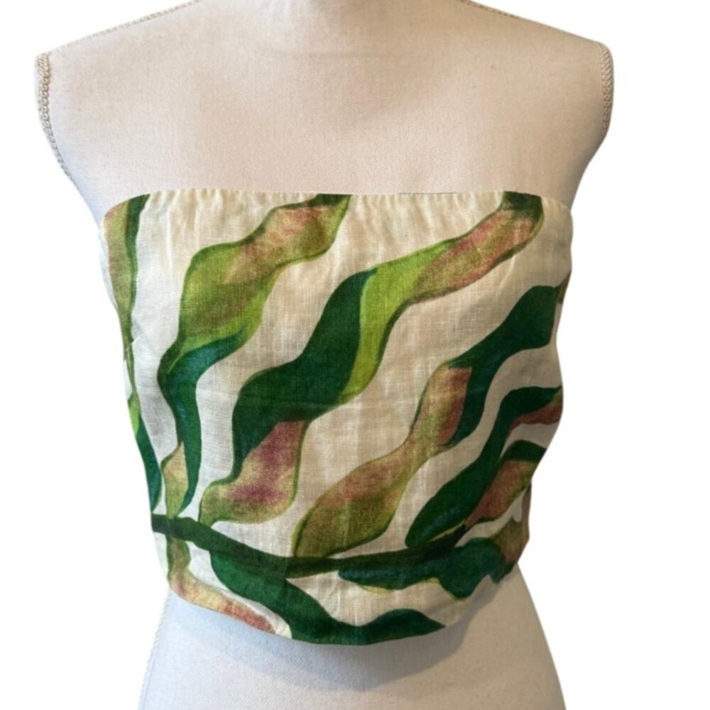 Magaschoni Linen Bandeau Crop Top Green Cream Print S